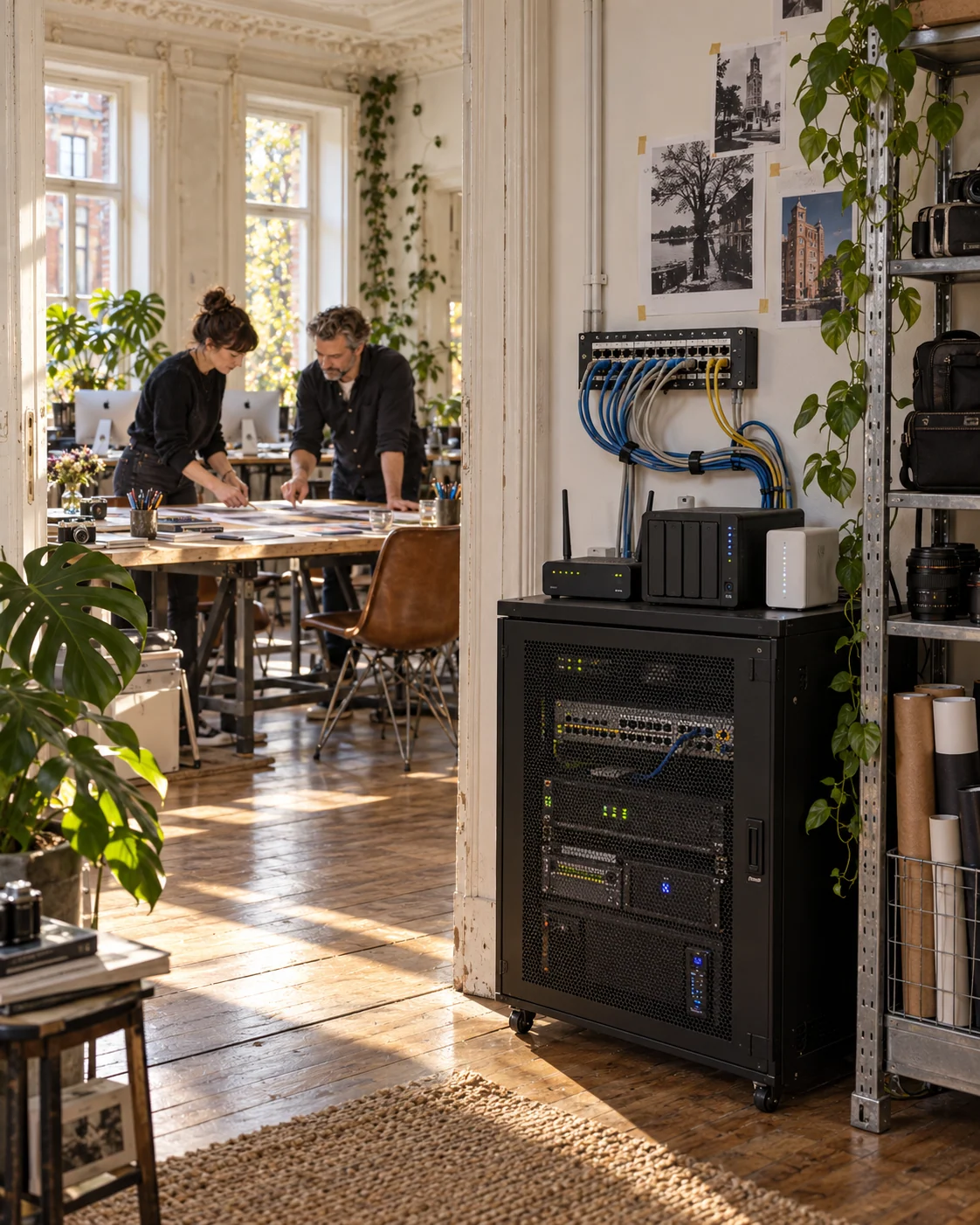 Netzwerkschrank, Router und Datenspeicher in einer gewachsenen Technikecke; nebenan arbeitet das Agenturteam an seinen Entwürfen.