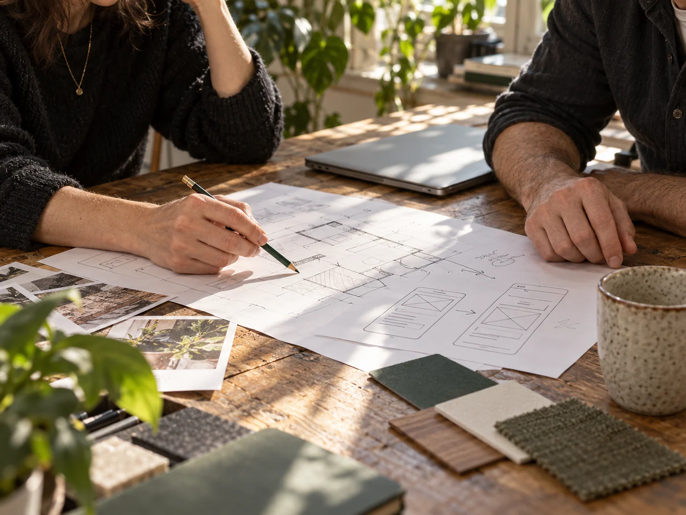 Zwei Menschen entwickeln auf Papier einen gemeinsamen Plan für Räume und digitale Abläufe.